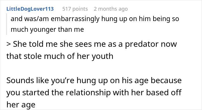 Screenshot of a Reddit comment discussing age difference and relationship issues in a husband refusing intimacy situation.