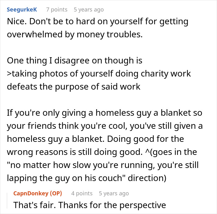Commenter offers advice about handling money troubles and doing charity work, linked to a father wanting to cancel Christmas due to affordability.