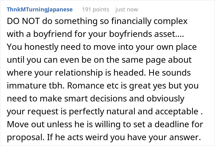 ALT text: User commenting on a girlfriend refusing to finance boyfriend’s $100k renovation without a ring, calling marriage a transaction. ALT text: User commenting on a girlfriend refusing to finance boyfriend’s $100k renovation without a ring, calling marriage a transaction.