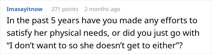 Screenshot of an online comment questioning efforts to satisfy physical needs during a 5-year lack of intimacy in marriage.