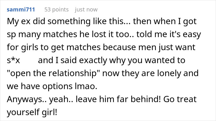 Comment discussing a boyfriend who opens relationship but gets no dates, reflecting on loneliness and options gained.