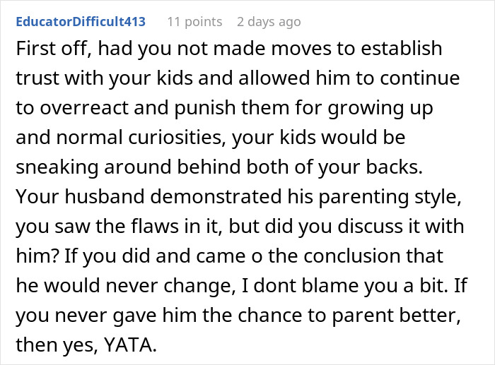 Screenshot of a forum comment discussing a man’s reaction to his teen daughter’s relationship and parenting challenges.