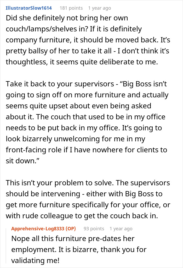 Office swap conflict as employee takes all furniture, leaving frustrated coworker tearful and supervisors urged to intervene. Office swap conflict as employee takes all furniture, leaving frustrated coworker tearful and supervisors urged to intervene.