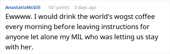 Comment text about MIL offering to make morning coffee for DIL but ignoring instructions after demand for fancy recipe. Comment text about MIL offering to make morning coffee for DIL but ignoring instructions after demand for fancy recipe.