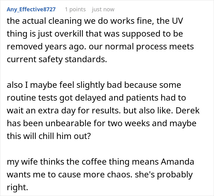 Reddit comment discussing office cleaning, UV process overkill, and delays caused by strict by the book policies. Reddit comment discussing office cleaning, UV process overkill, and delays caused by strict by the book policies.