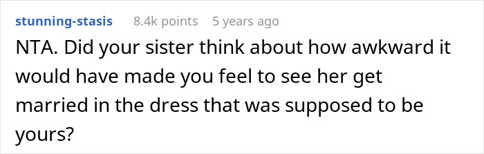 Comment discussing sister’s reaction to woman remaking her wedding dress instead of giving it to her.