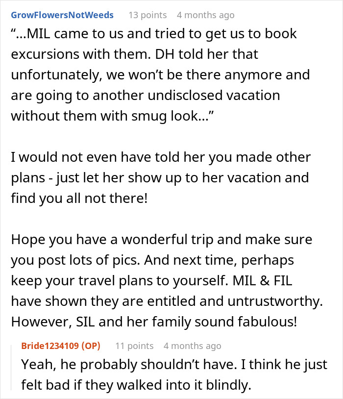 Comment discussing MIL coming on vacation and couple outplaying her by changing undisclosed plans with smug attitude Comment discussing MIL coming on vacation and couple outplaying her by changing undisclosed plans with smug attitude
