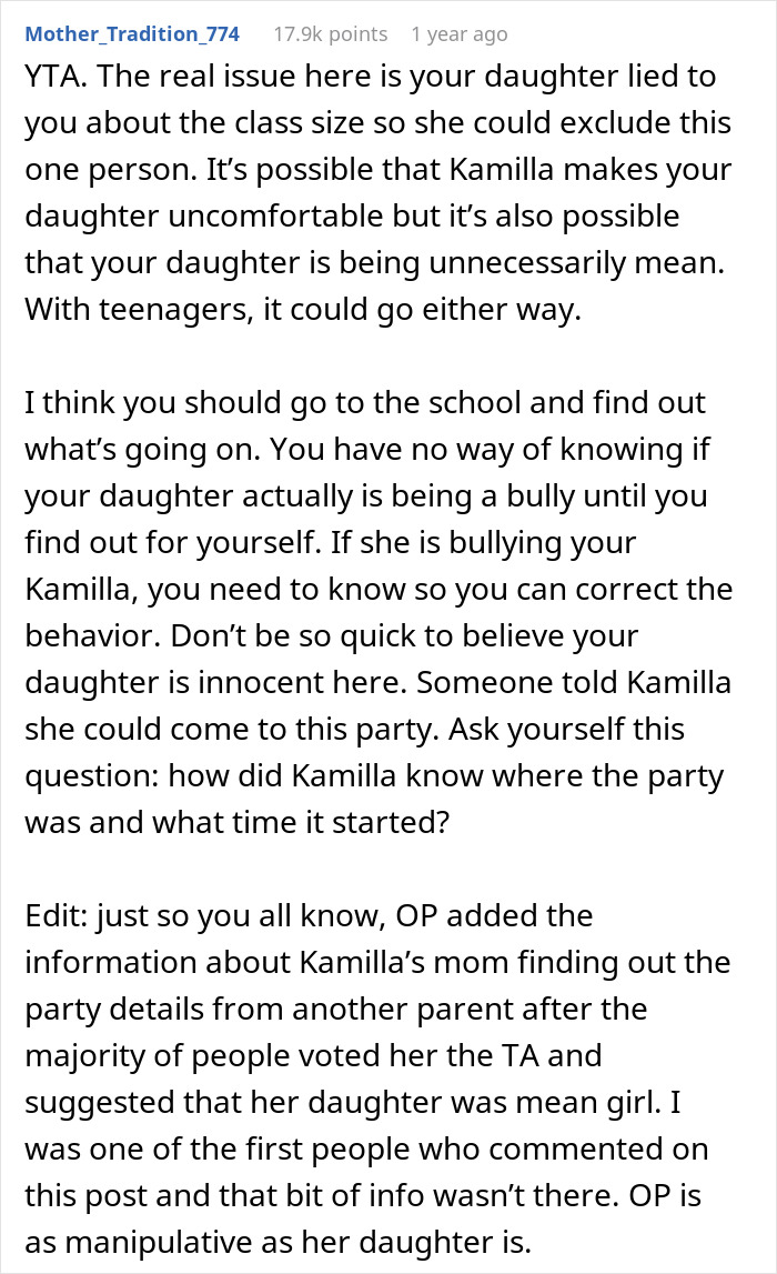 Reddit comment discussing a 13-year-old refusing to invite one girl to a party and the mom supporting the mean plan. Reddit comment discussing a 13-year-old refusing to invite one girl to a party and the mom supporting the mean plan.