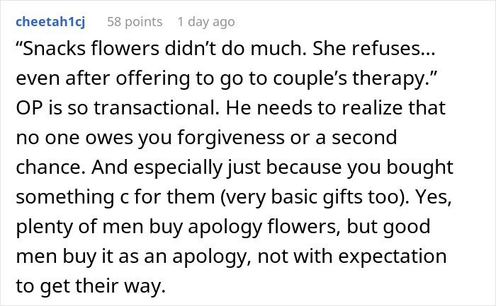 User’s Reddit comment discussing failed apology attempts and transactional behavior in relationships. User’s Reddit comment discussing failed apology attempts and transactional behavior in relationships.