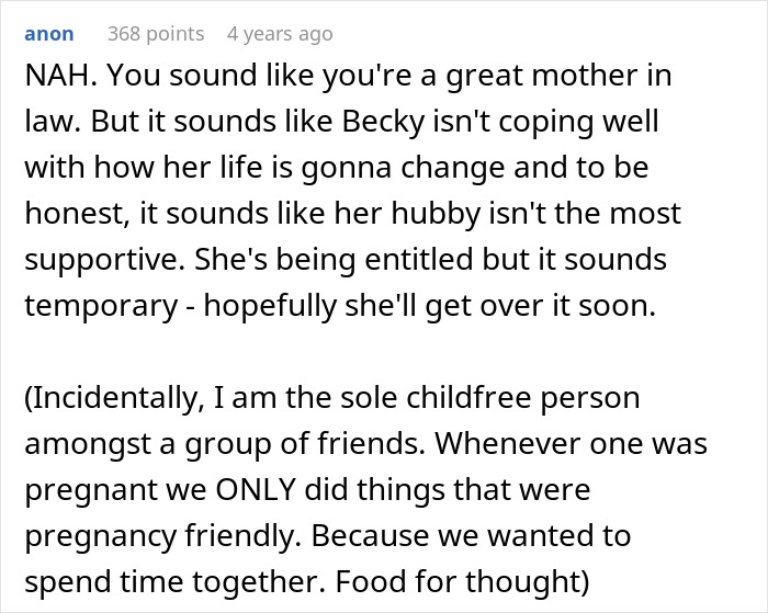 Comment discussing mother in law and daughter in law relationship during pregnancy complaints and support dynamics.