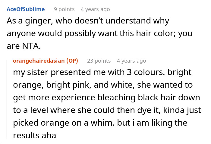 Alt text: Online discussion about dyeing hair orange and the classmate drama surrounding bright and unusual hair colors. Alt text: Online discussion about dyeing hair orange and the classmate drama surrounding bright and unusual hair colors.