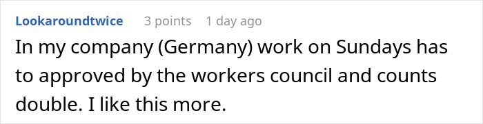 Comment discussing company policy on Sunday work approval and double pay, related to manager lets employee take time off situation. Comment discussing company policy on Sunday work approval and double pay, related to manager lets employee take time off situation.