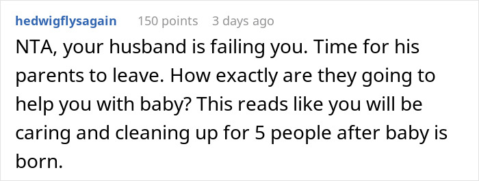 Screenshot of a Reddit comment discussing a pregnant woman demanding husband respect and addressing family support concerns.