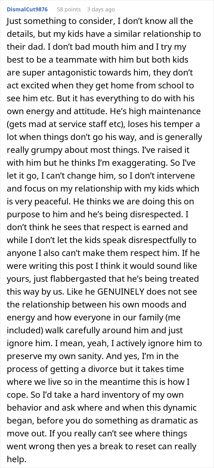 Text post about man dealing with teen’s rude attitude for years, considering dumping his whole family due to strained relationships.