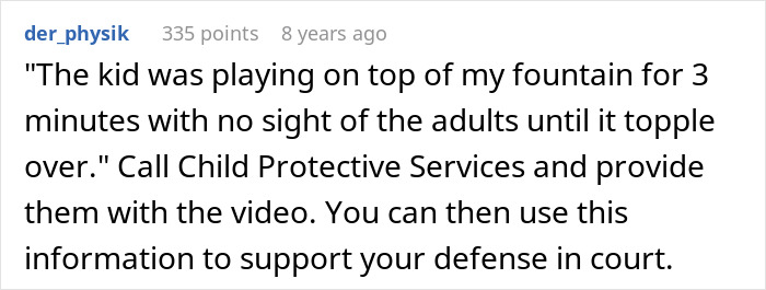 Comment discussing kids using neighbor’s yard unsupervised, mentioning injury and legal action over $10,000 lawsuit.