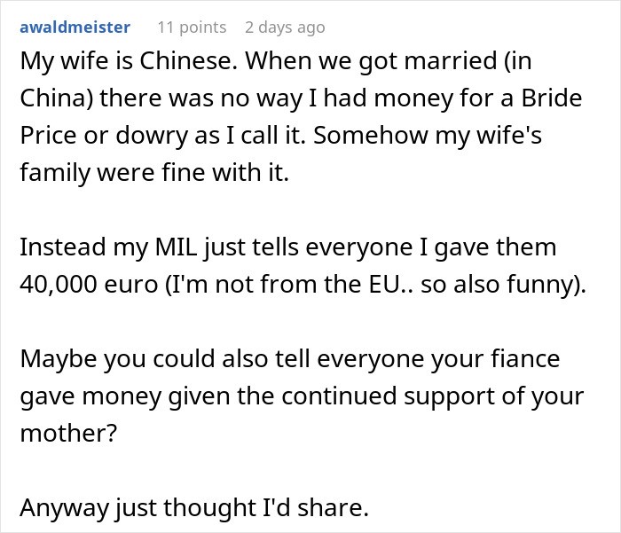 Comment discussing sister wedding money culture with bride price, dowry, and family financial expectations in different cultures.