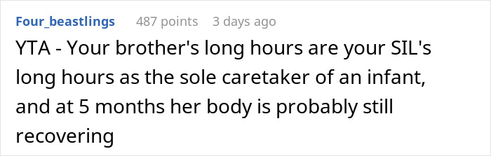 Comment discussing a sister-in-law’s long hours as a stay-at-home mom and her body still recovering at five months.