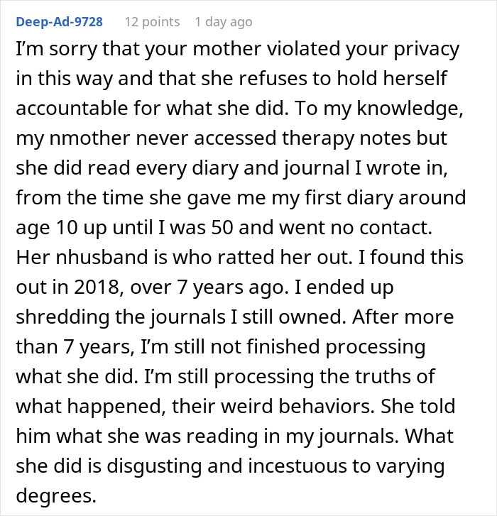 Comment describing a woman’s struggle with trust after her mother spied on her therapy sessions and invaded her privacy.