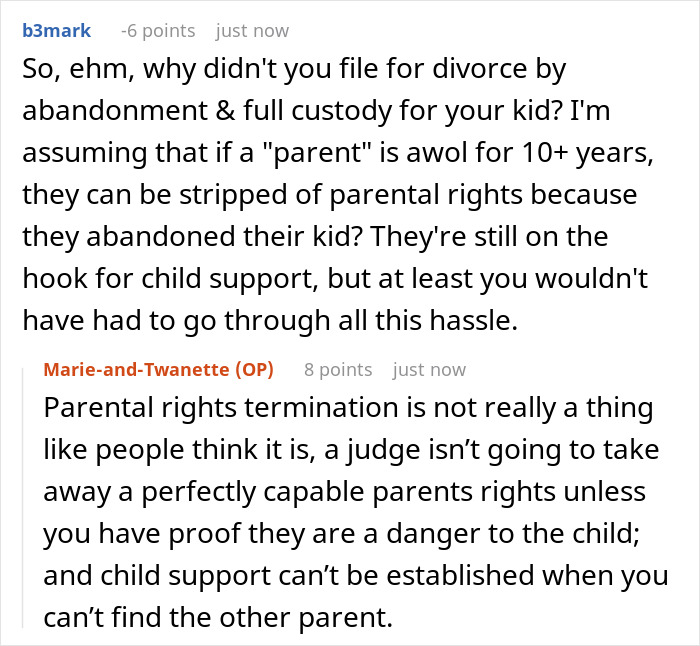 Screenshot of an online discussion about toxic guy's impact on his wife and child's life and legal issues with parental rights.