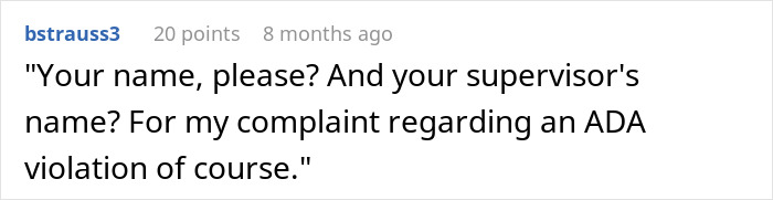 Comment text on Disneyland security questioning a disabled woman about her service dog due to having a boyfriend, mentioning ADA violation. Comment text on Disneyland security questioning a disabled woman about her service dog due to having a boyfriend, mentioning ADA violation.