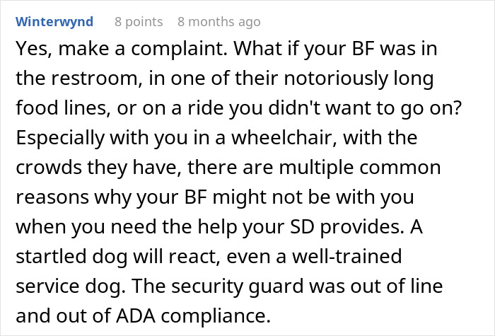 Comment discussing Disneyland security questioning a disabled woman's service dog and ADA compliance concerns. Comment discussing Disneyland security questioning a disabled woman's service dog and ADA compliance concerns.