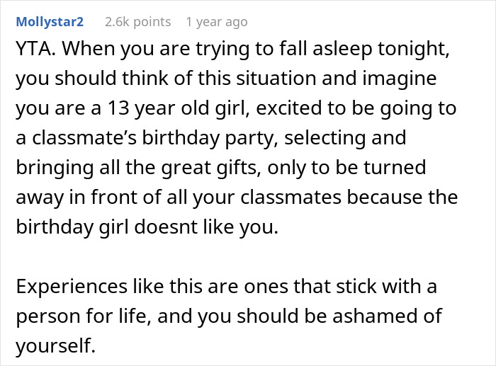 Comment defending 13YO refusing to invite one girl to party, discussing impact of exclusion and mother’s support for mean plan. Comment defending 13YO refusing to invite one girl to party, discussing impact of exclusion and mother’s support for mean plan.