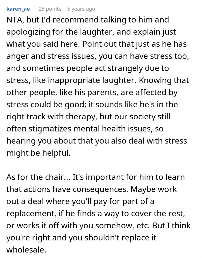 Teen breaks new chair one day after getting it and asks dad to replace it claiming fairness in responsibility. Teen breaks new chair one day after getting it and asks dad to replace it claiming fairness in responsibility.