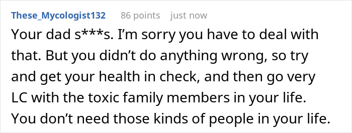 Comment text about dealing with toxic dad and focusing on health while limiting contact with toxic family members. Comment text about dealing with toxic dad and focusing on health while limiting contact with toxic family members.