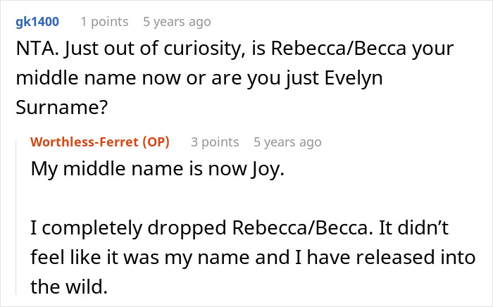 Screenshot of a Reddit conversation about a daughter changing her name and the mom's upset reaction.