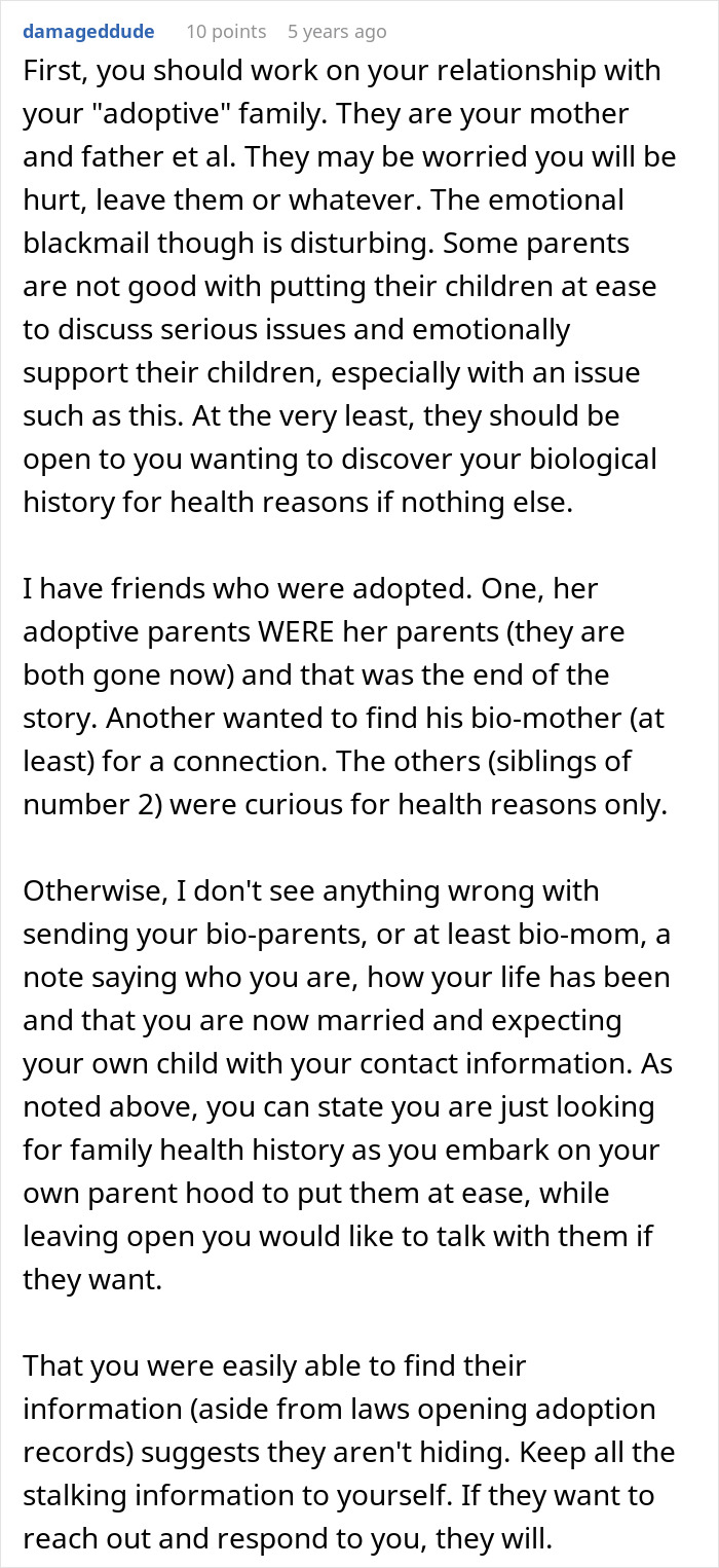 Comment discussing challenges with adoptive parents threatening a woman seeking to reunite with her biological family. Comment discussing challenges with adoptive parents threatening a woman seeking to reunite with her biological family.