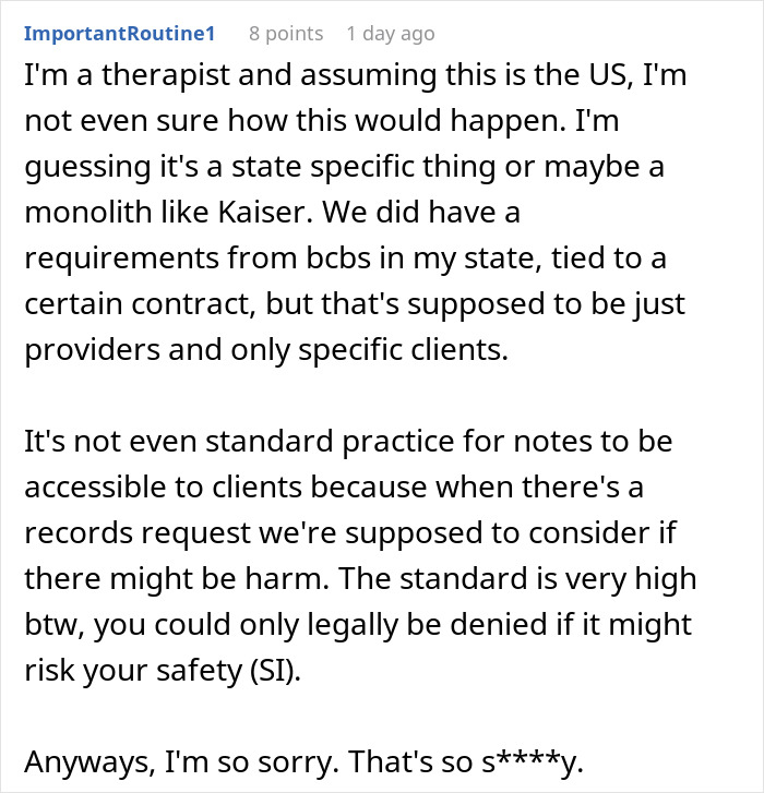 Screenshot of a Reddit comment discussing therapy session privacy and concerns about unauthorized access to records.