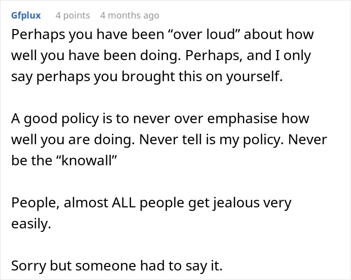 Comment text discussing jealousy and personal conduct shared by user Gfplux in an online forum about a rich man refusing to pay for a cake ordered by his SIL.