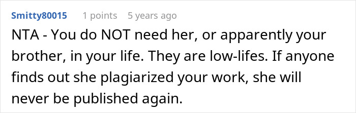 Screenshot of a forum comment discussing a woman who stole her sister-in-law’s book and lost all profits.