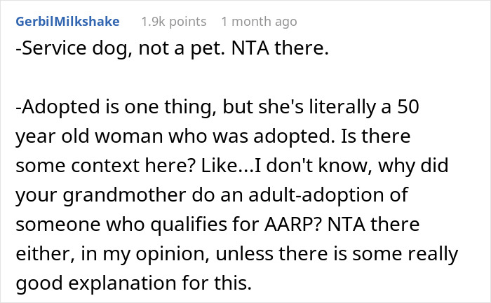 Comment discussing service dog importance and questioning adult adoption context in a woman service dog Thanksgiving drama. Comment discussing service dog importance and questioning adult adoption context in a woman service dog Thanksgiving drama.