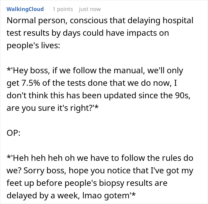 Text post showing a conversation about a boss wanting everything done by the book causing delays and office shutdown. Text post showing a conversation about a boss wanting everything done by the book causing delays and office shutdown.