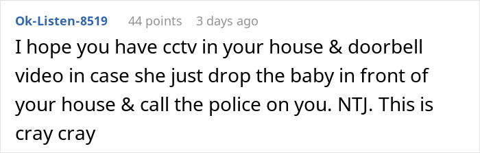 Comment discussing concern about sibling refusing newborn nephew care, mentioning CCTV and doorbell video for safety. Comment discussing concern about sibling refusing newborn nephew care, mentioning CCTV and doorbell video for safety.