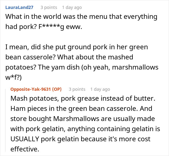 Conversation about Thanksgiving menu with pork in dishes and woman’s heart shattered by sister-in-law’s opinion revealed.