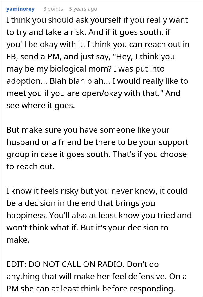 Comment discussing risks and advice for a woman wanting to reunite with her biological family despite adoptive parents' threats. Comment discussing risks and advice for a woman wanting to reunite with her biological family despite adoptive parents' threats.