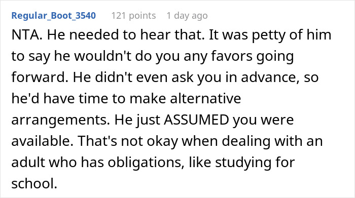 Comment discussing a guy assuming his girlfriend’s son is a free babysitter and finally snapping about responsibility.