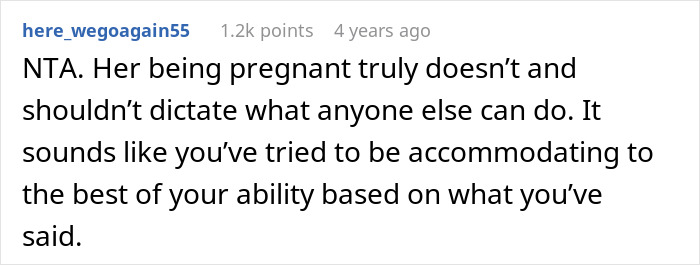 Screenshot of a Reddit comment discussing a mother-in-law telling daughter-in-law pregnancy complaints shouldn’t control others.