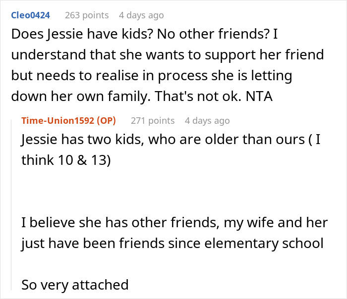 Reddit conversation about a mom prioritizing widowed friend over her kids, causing husband to be upset for over a month.