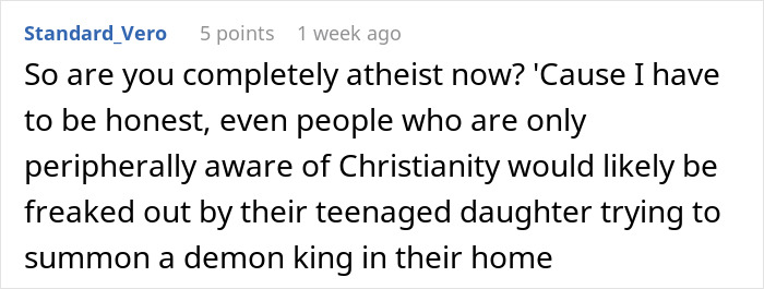 Screenshot of an online comment discussing a daughter’s paganism and reactions involving family and beliefs.