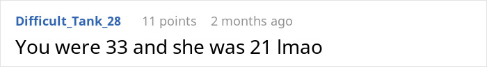 Comment text on a white background discussing age difference between a 33-year-old and a 21-year-old related to intimacy refusal.