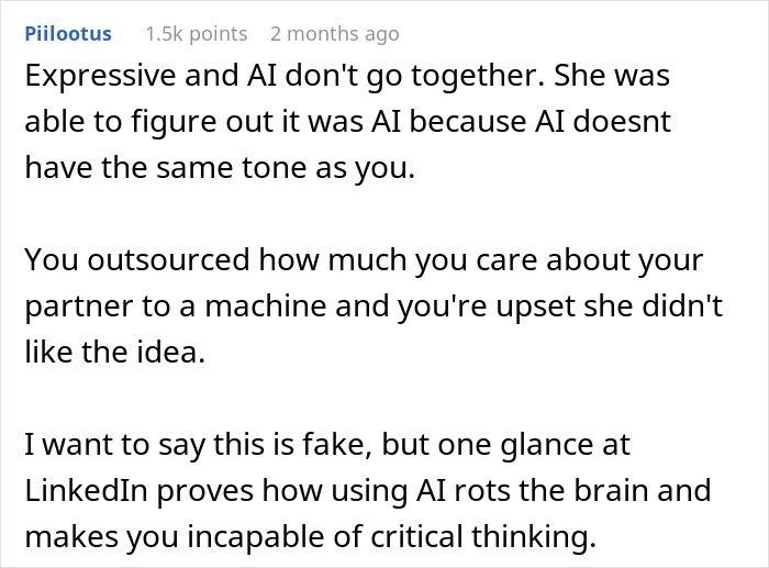 Comment criticizing using AI for wedding vows, highlighting how AI affects tone and emotional expression. Comment criticizing using AI for wedding vows, highlighting how AI affects tone and emotional expression.