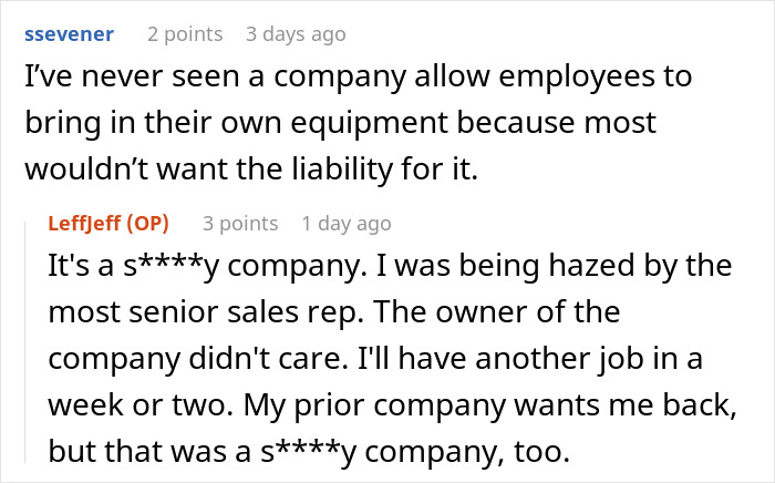 Screenshot of Reddit conversation about an employee’s $1.8K office chair causing job loss and company liability concerns.