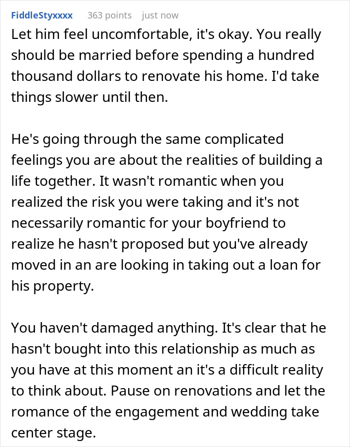 Text message discussing girlfriend refusing to finance boyfriend’s $100k renovation without a ring, citing marriage concerns. Text message discussing girlfriend refusing to finance boyfriend’s $100k renovation without a ring, citing marriage concerns.