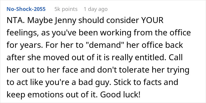 Reddit comment discussing a woman expecting her private office back after working from home for 2 years. Reddit comment discussing a woman expecting her private office back after working from home for 2 years.