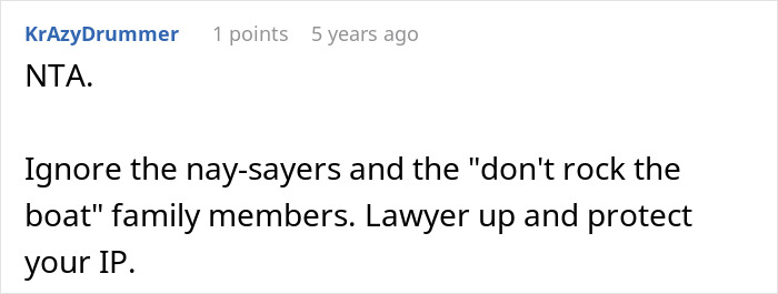 Reddit comment advising to lawyer up and protect intellectual property after a woman stole and published SIL’s book.