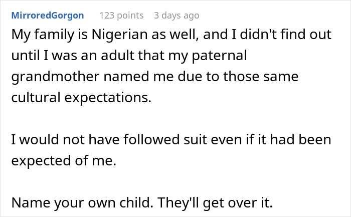 Comment about MIL demanding baby’s name honor culture while new mom fights for heritage in recovery.