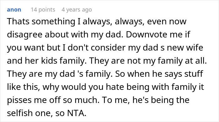 Screenshot of a forum comment discussing a selfish dad demanding apology after ruining daughter's Christmas memory.